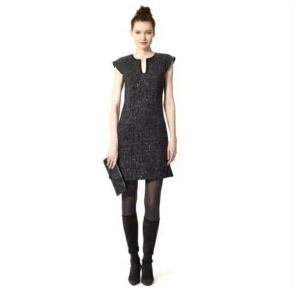 JULIETTE LONGUET Cap Sleeve Tweed Sheath Dress Leather Trim Black Women's 4 - Picture 2 of 11